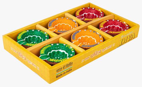 Alpha Decorative Diya | Multicolour | Floral | Designer Clay Diya | Pack Of 6 | Tota