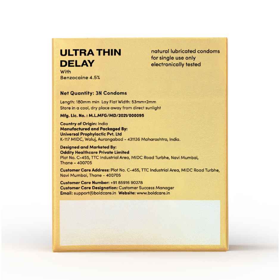 Bold Care Ultra Thin Climax Delay Condoms | To Help Men Last 5-7X Longer In Bed With Benzocaine