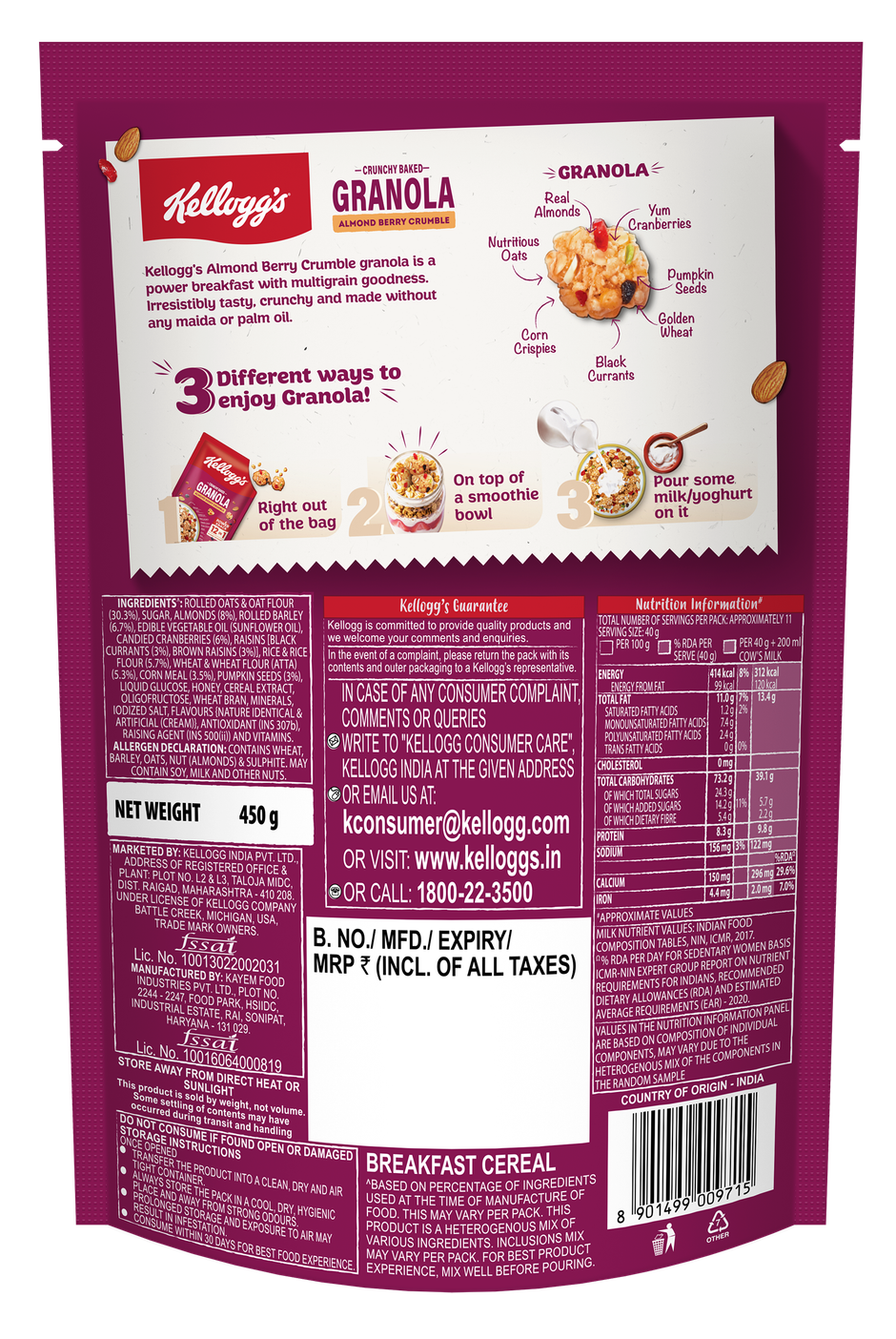 Kellogg's Crunchy Almond Berry Crumble Granola |12-In-1 Power Breakfast | No Maida No Palm Oil