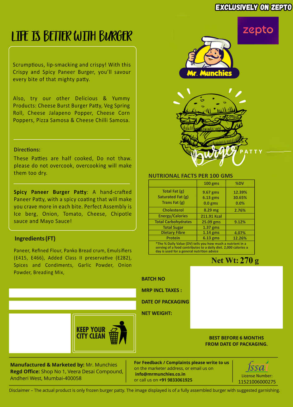 Mr. Munchies Spicy Paneer Burger Patty