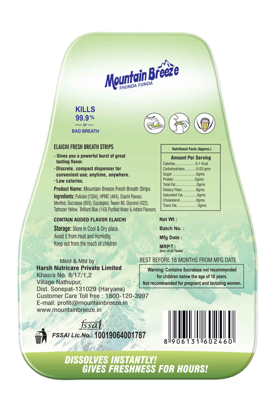 MOUNTAIN BREEZE Sugar Free Strip | Elachimint