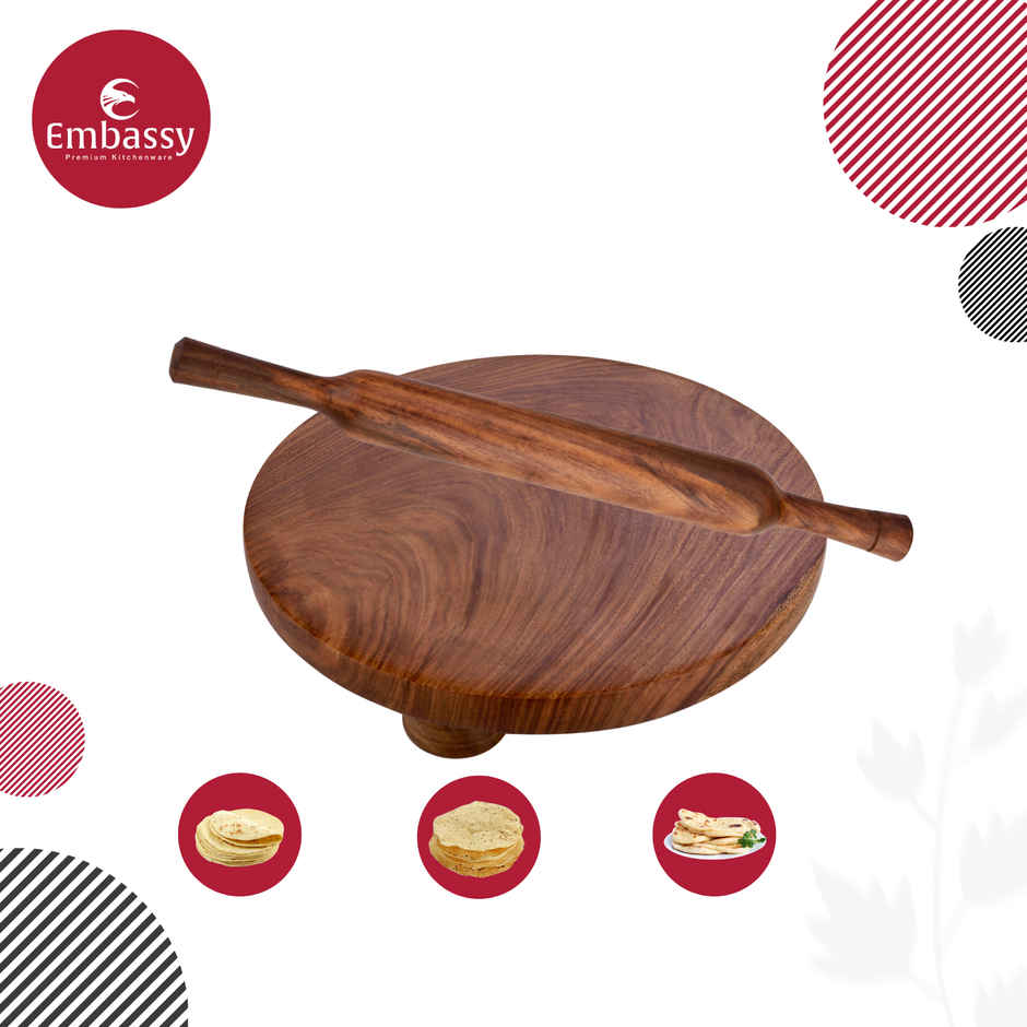 Embassy Wooden Polpat & Rolling Pin (Chakla Belan), Size 10, Premium Sheesham Wood, Natural-Finish