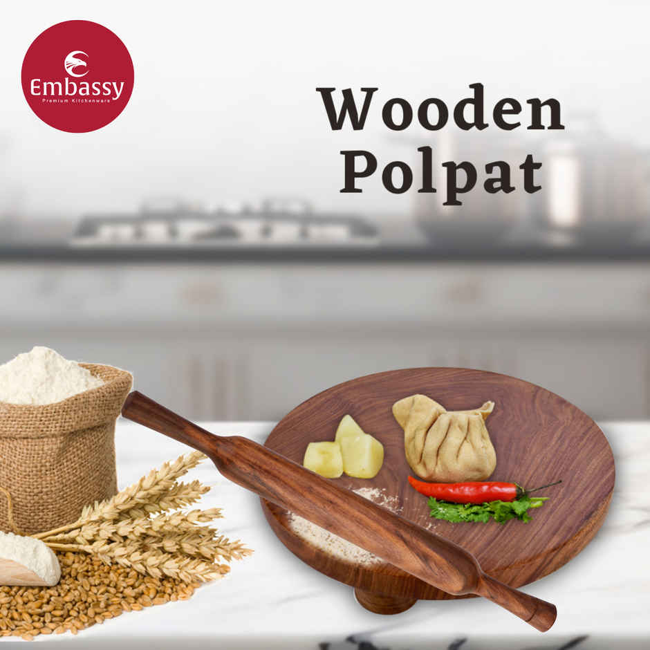 Embassy Wooden Polpat & Rolling Pin (Chakla Belan), Size 10, Premium Sheesham Wood, Natural-Finish