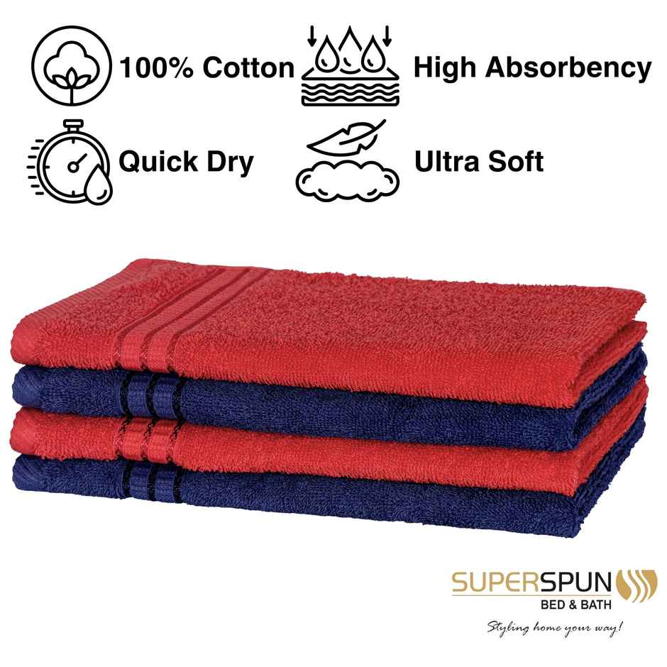 Superspun 100% Cotton- 420 Gsm- Vodre- Four Piece Set- Hand Towel- Size:40 x 60 - Navy Blue & Red