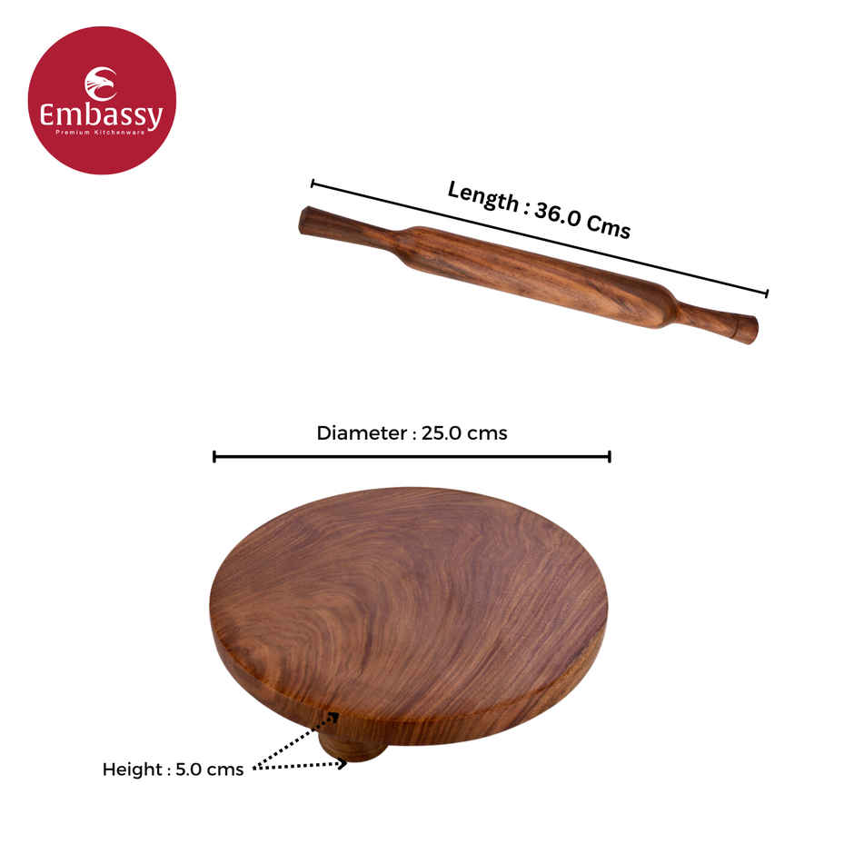 Embassy Wooden Polpat & Rolling Pin (Chakla Belan), Size 10, Premium Sheesham Wood, Natural-Finish