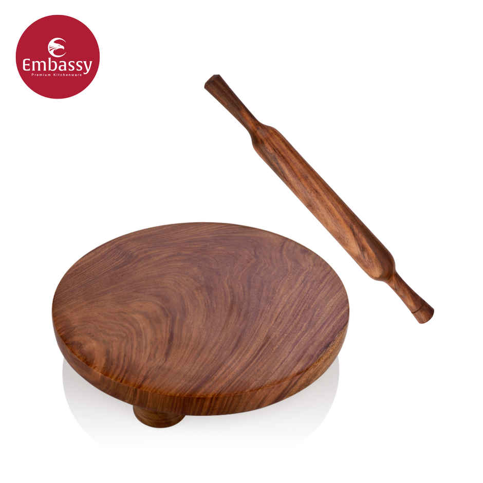 Embassy Wooden Polpat & Rolling Pin (Chakla Belan), Size 10, Premium Sheesham Wood, Natural-Finish