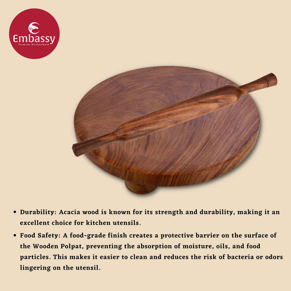 Embassy Wooden Polpat & Rolling Pin (Chakla Belan), Size 10, Premium Sheesham Wood, Natural-Finish