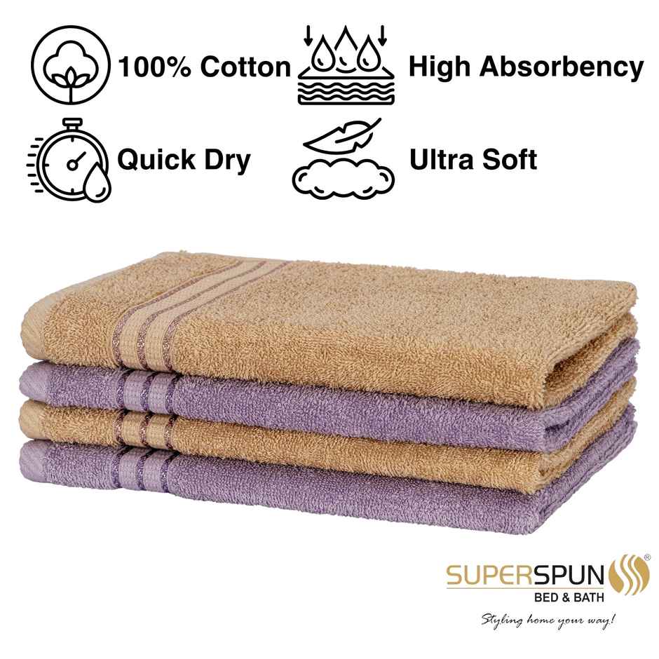 Superspun 100% Cotton- 420 Gsm- Vodre- Four pc Set- Hand Towel- Size:40 x 60 - Lavender & Beige