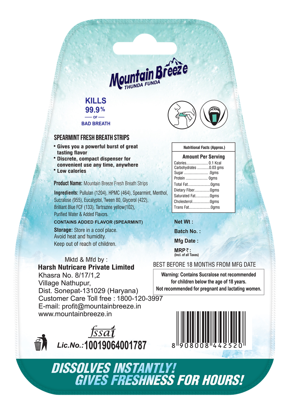 MOUNTAIN BREEZE Sugar Free Strip | Spearmint