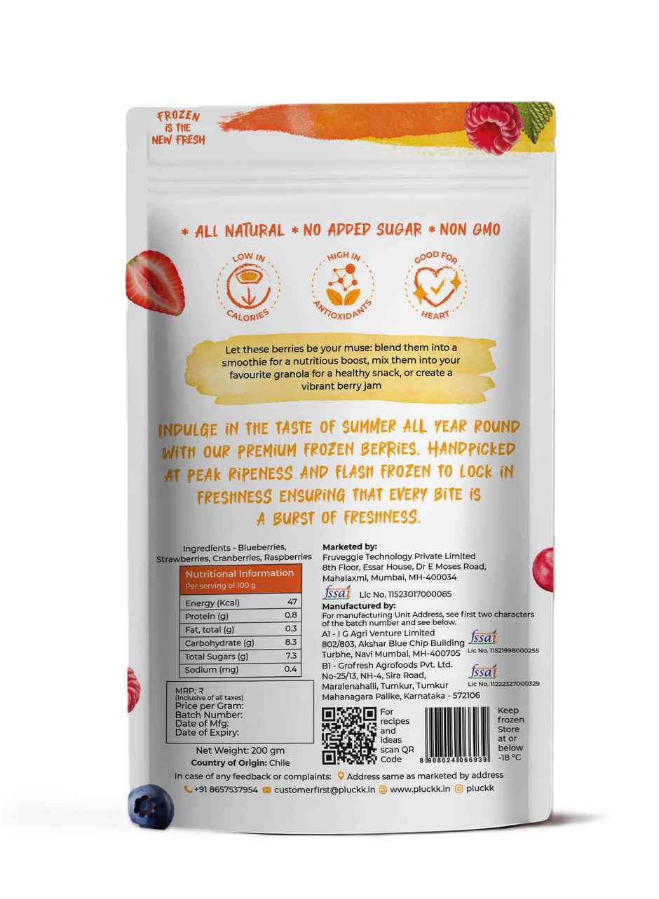 Pluckk Fresh Frozen Imported Mixed Berries Natural | Non-Gmo | Rich In Antioxidants And Vitamin C (200g) & Pluckk Fresh Frozen Seedless Cherry Natural No Added Sugar Non Gmo Antioxidant Potassium Rich Snack (200g) Combo