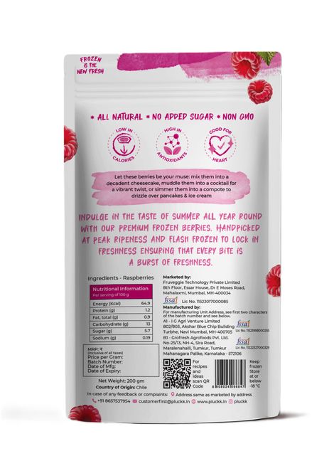 Pluckk Fresh Frozen Imported Raspberry | Natural | Non GMO | Rich in Vitamin C | Healthy Snack