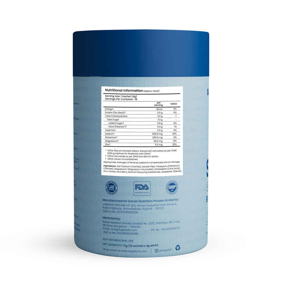 Supply6 Salts | Electrolyte Mix | Blue Raspberry | Sodium | Potassium | Magnesium | Zinc | Fiber