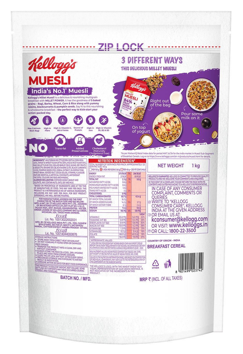 Kellogg's Millet Muesli with 84% Fruit, Seeds & Multigrain | Power Breakfast | No Maida | No Palm Oil