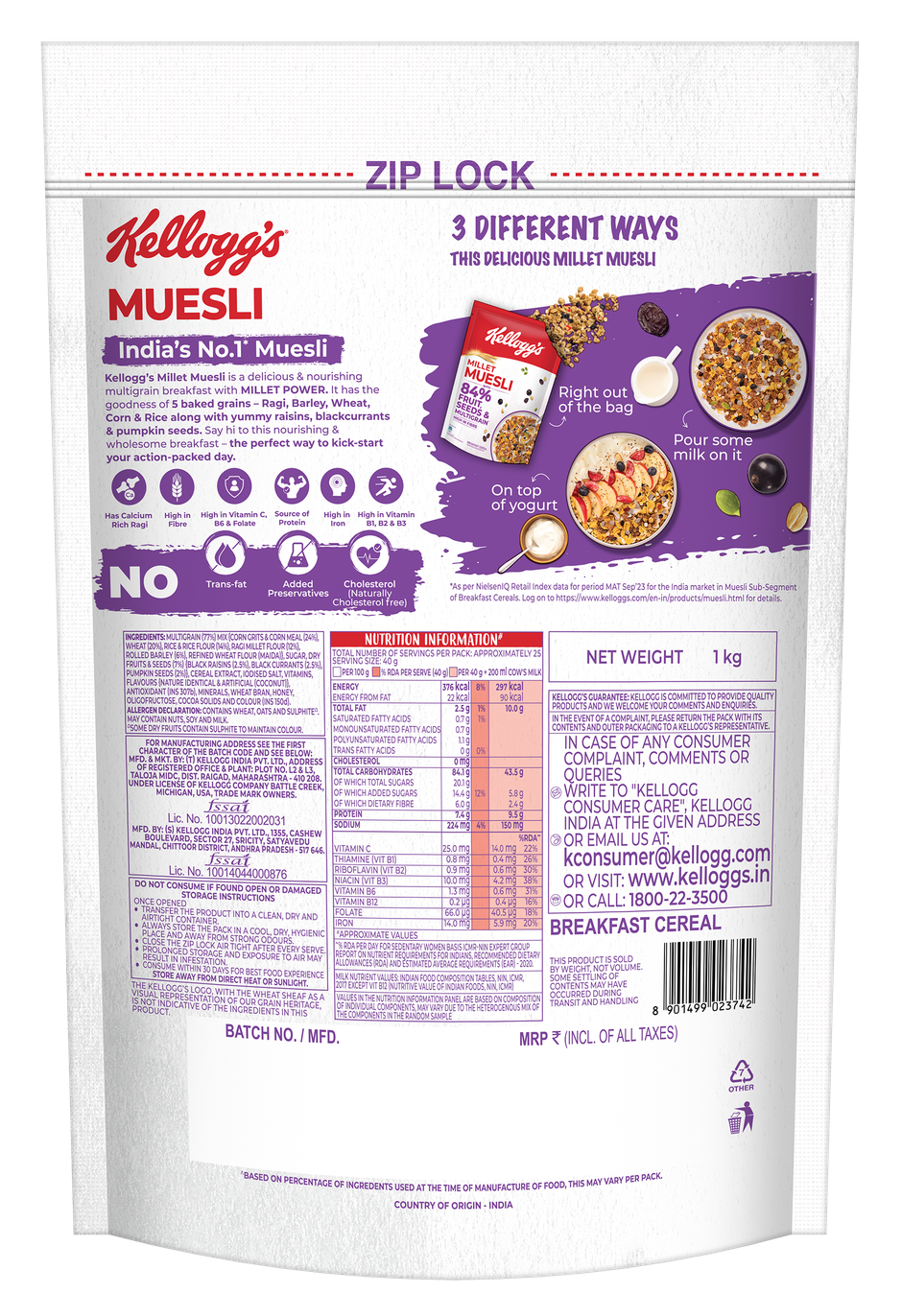 Kellogg's Millet Muesli with 84% Fruit, Seed & Multigrain 1000g | High in Fibre | Multigrain Breakfast Cereal
