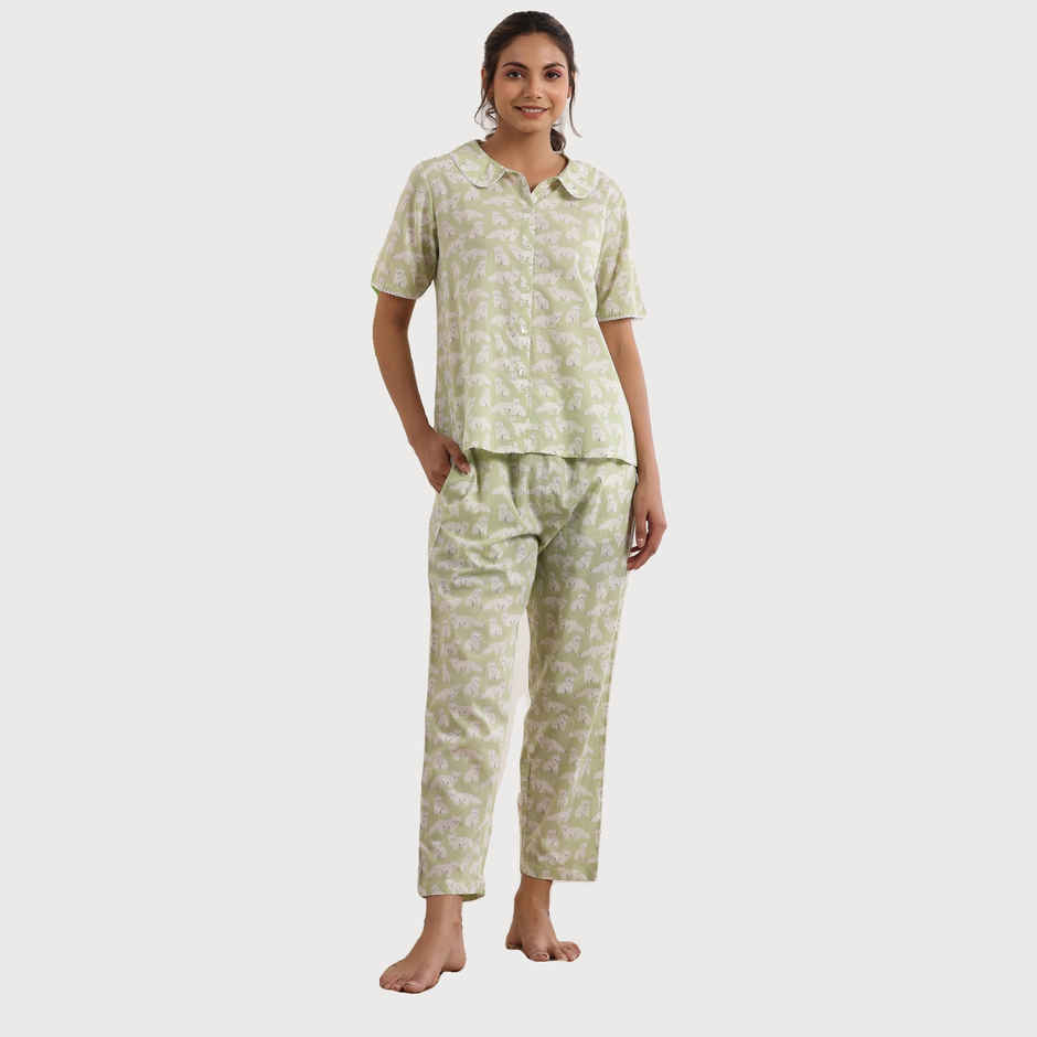 Sanskrutihomes Conversational Printed Pure Cotton Night Shirt And Trousers | Light Green | L