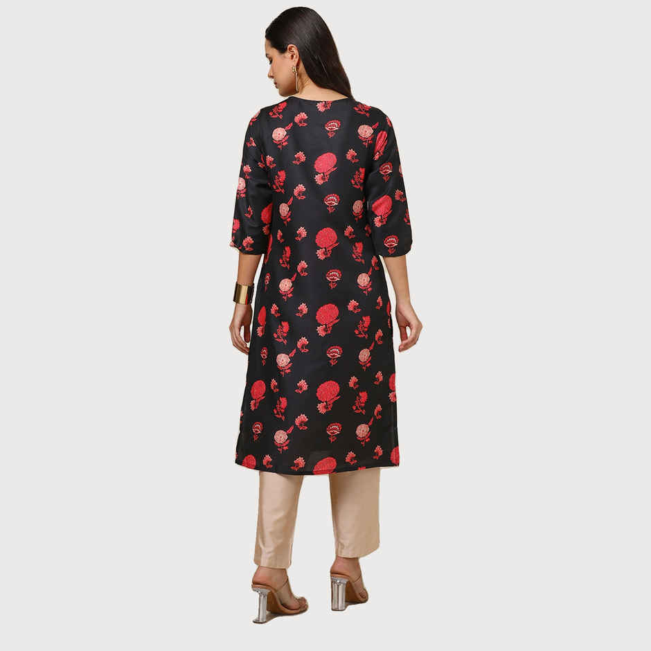 Soch Women's Black Muslin Blend Floral Print Kurta With Sequins | M