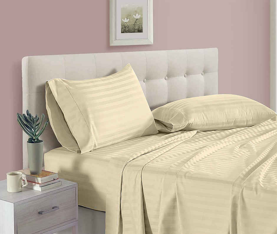 BAY6 King 100% Cotton 210 TC Satin Stripe Bedsheet | Beige | 108 x 108 in