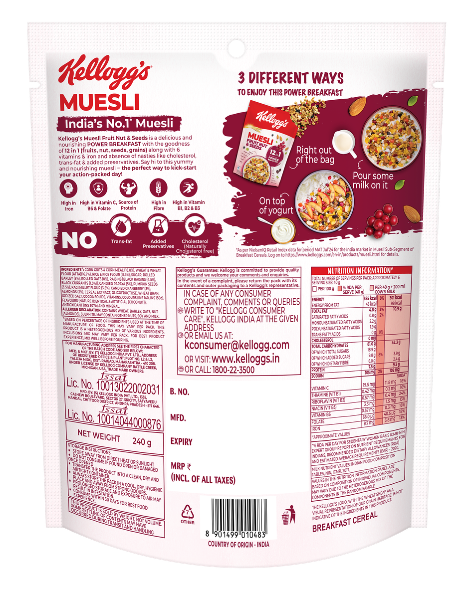 Kellogg's Muesli Fruit Nut and Seeds | 12 In 1 Power Breakfast | No Maida No Palm Oil
