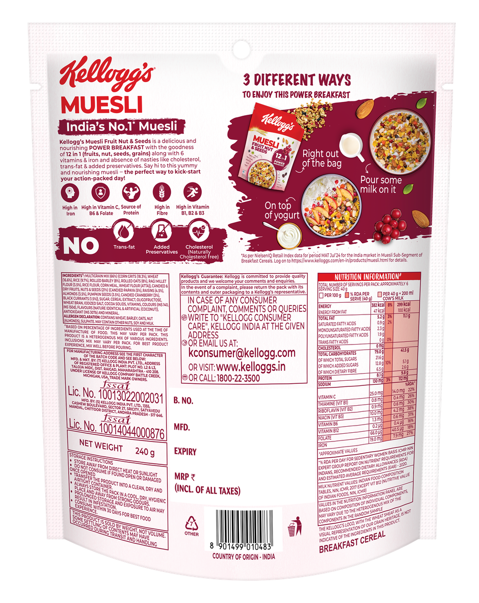 Kellogg's Muesli Fruit Nut and Seeds | 12 In 1 Power Breakfast | No Maida No Palm Oil