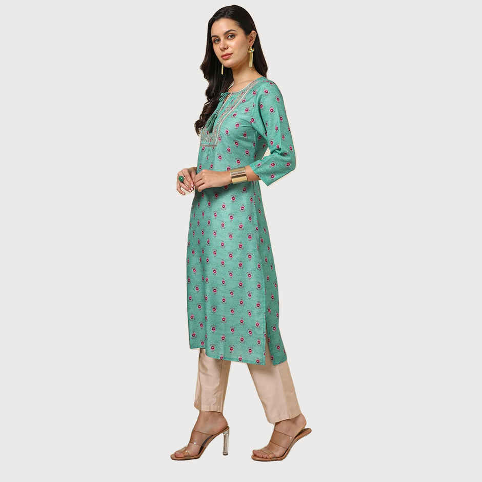 Soch Women's Green Muslin Blend Floral Print Kurta S