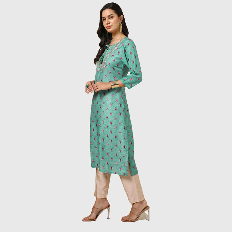 Soch Women's Green Muslin Blend Floral Print Kurta M