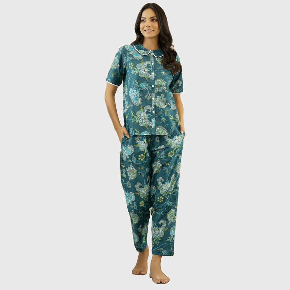 Sanskrutihomes Women Green Printed Cotton Night Suit SE-NSP-98 | M