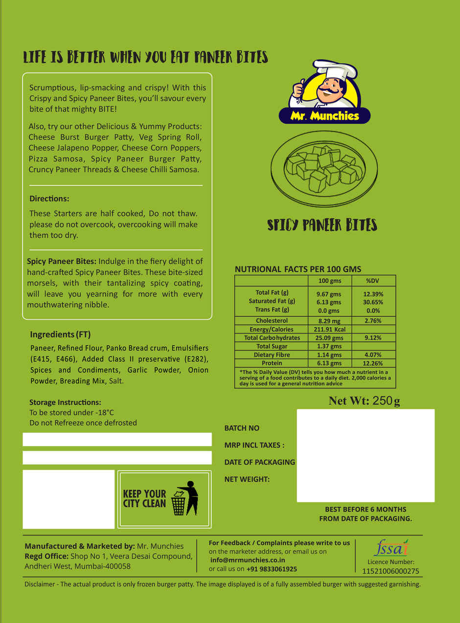 Mr. Munchies Spicy Paneer Bites