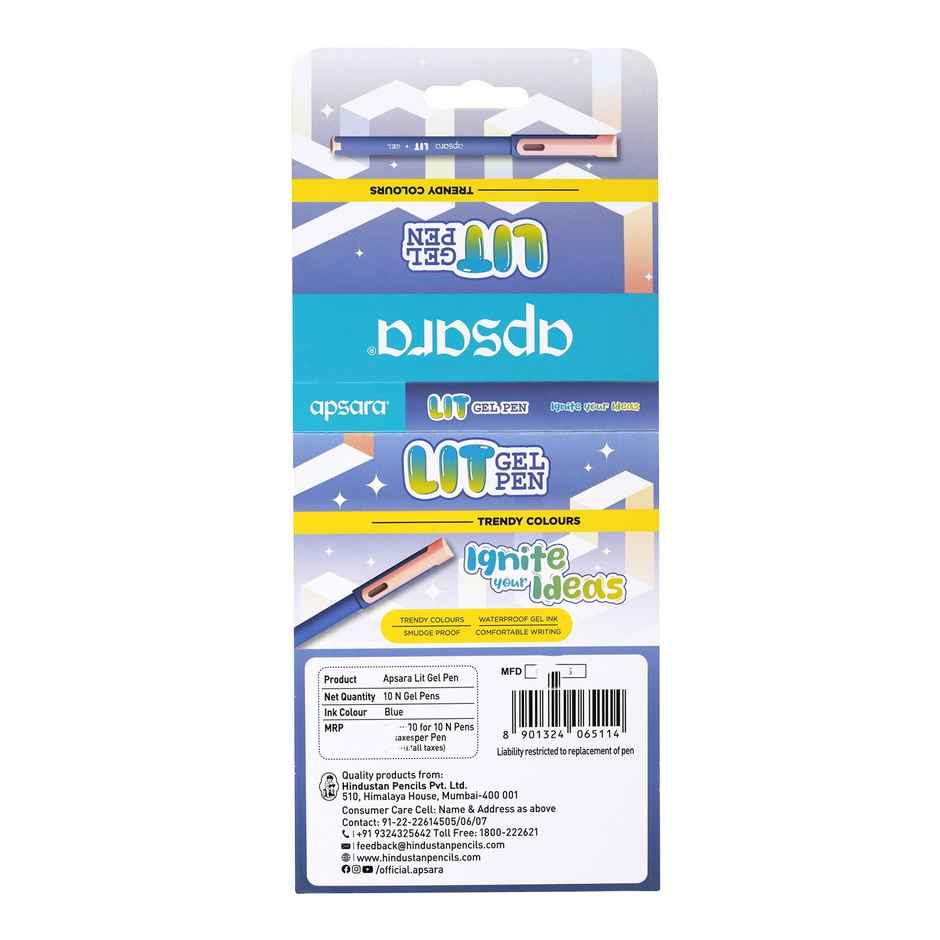 Apsara Lit Gel Pen | Trendy Colours | Waterproof Gel Ink | Smudge Resistant | Blue Pen - 10 Pcs