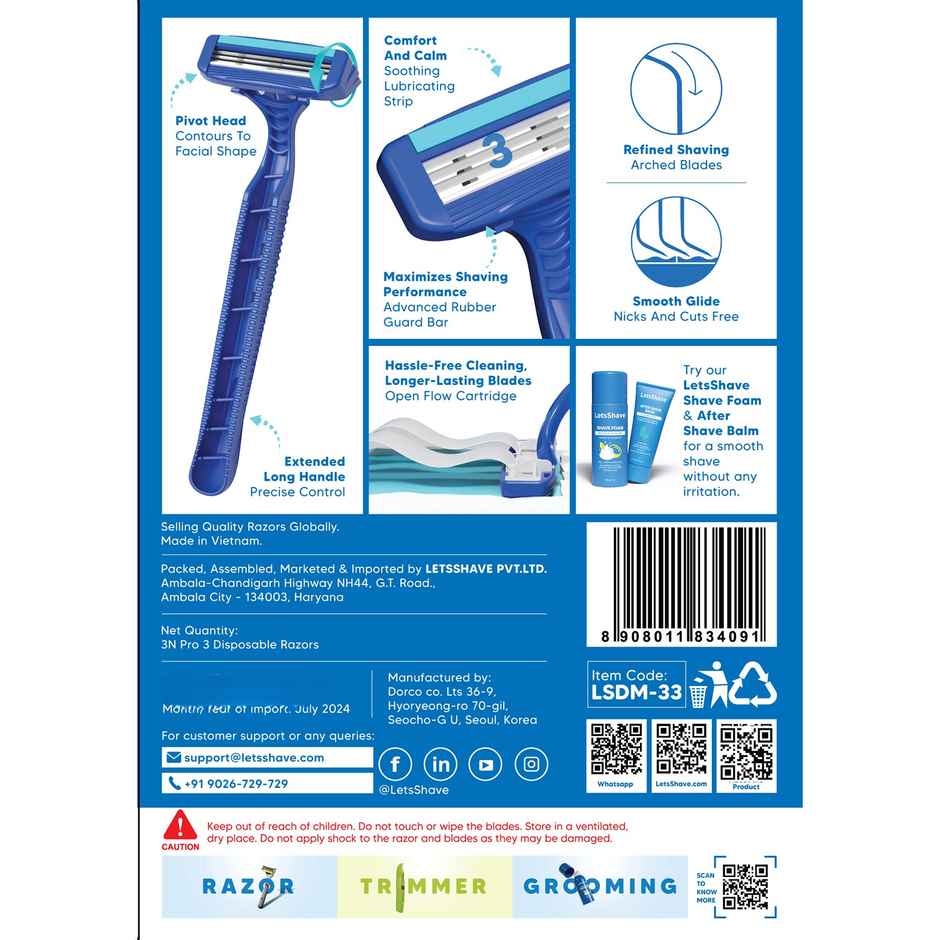 Letsshave Pro 3 Disposable Shaving Razor For Men | Reusable Hair Removal Razor