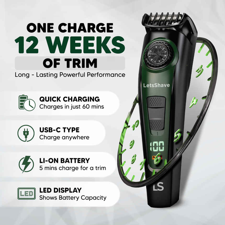 LetsShave All-in-One Beard, Body & Head Trimmer for Men | Type C Fast Charging | Free Pro Styler
