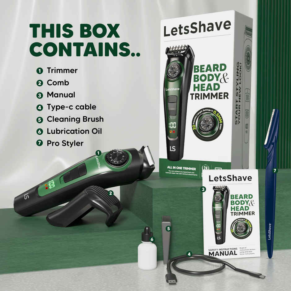 LetsShave All-in-One Beard, Body & Head Trimmer for Men | Type C Fast Charging | Free Pro Styler