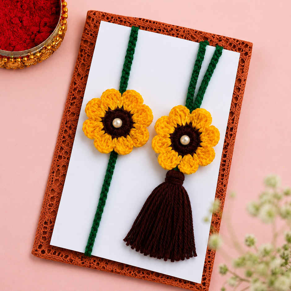 Yellow Sunflower Crochet Rakhi | Bhaiya Bhabhi | Pack of 2 | Mad Over Prints