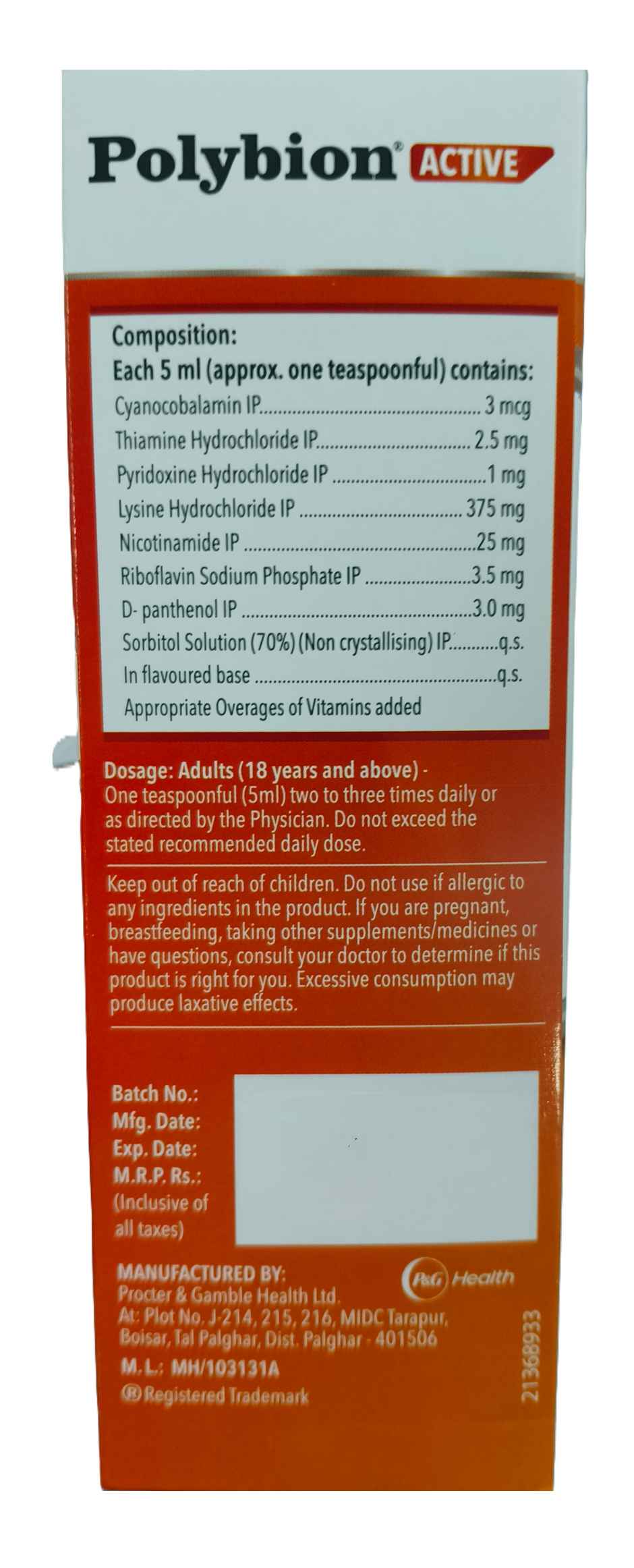 Polybion Active Syrup Sugar Free Mango