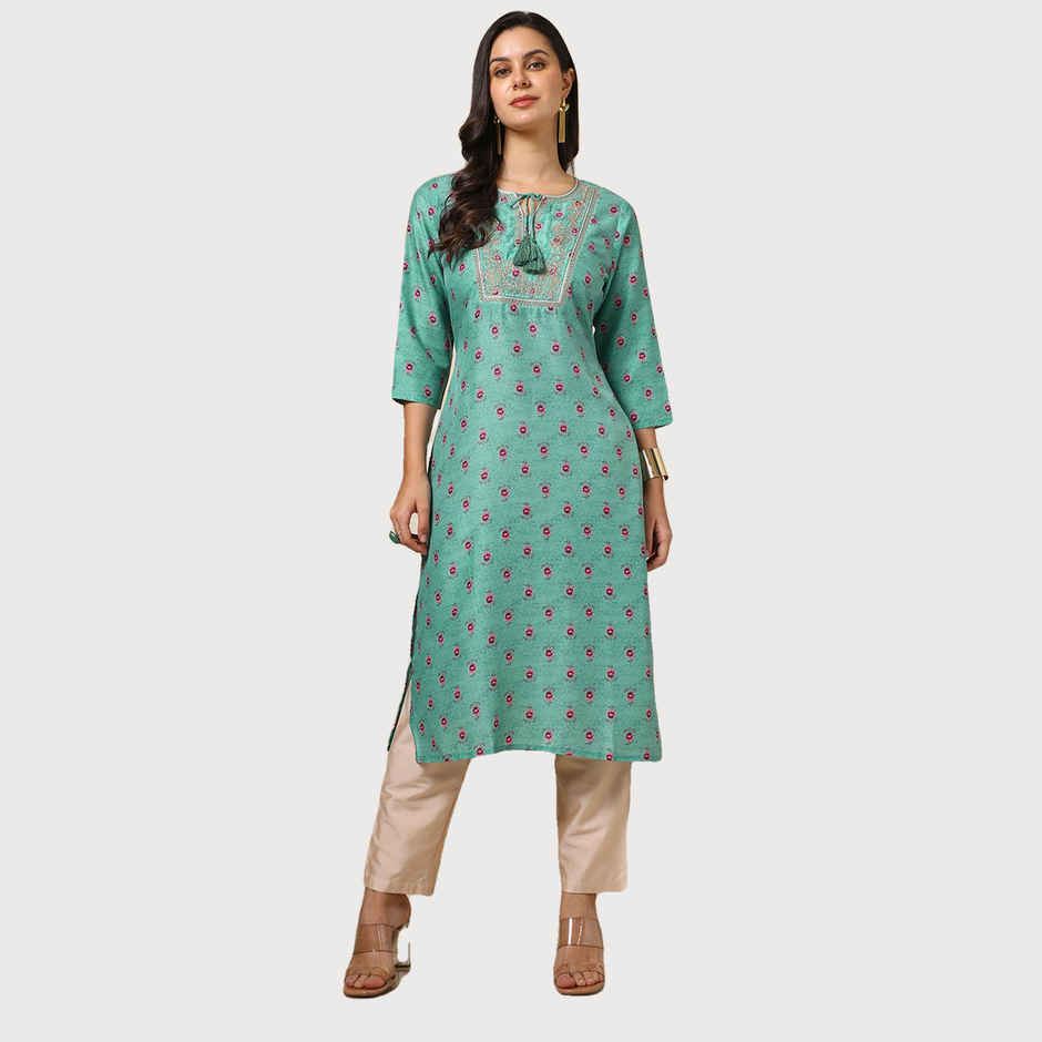 Soch Women's Green Muslin Blend Floral Print Kurta S