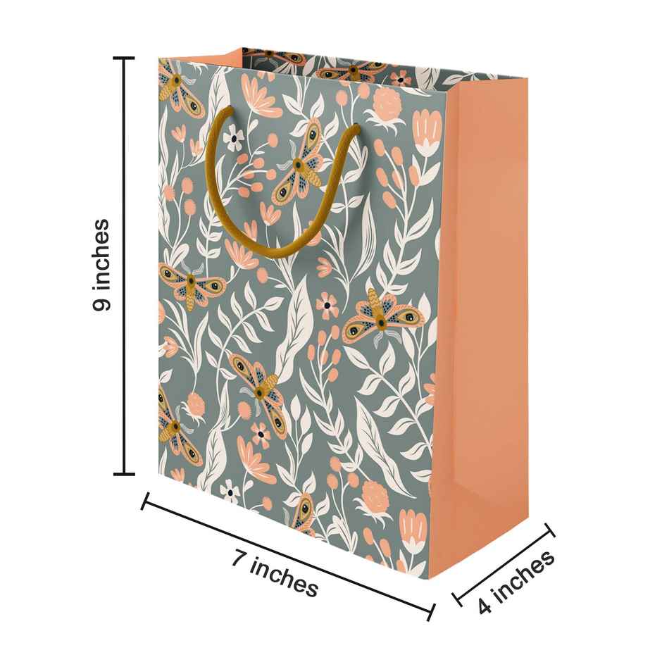 Paperpep Floral & Moth Pattern Print | Gift Paper Bag | Grey | 9 x 7 x 4 in