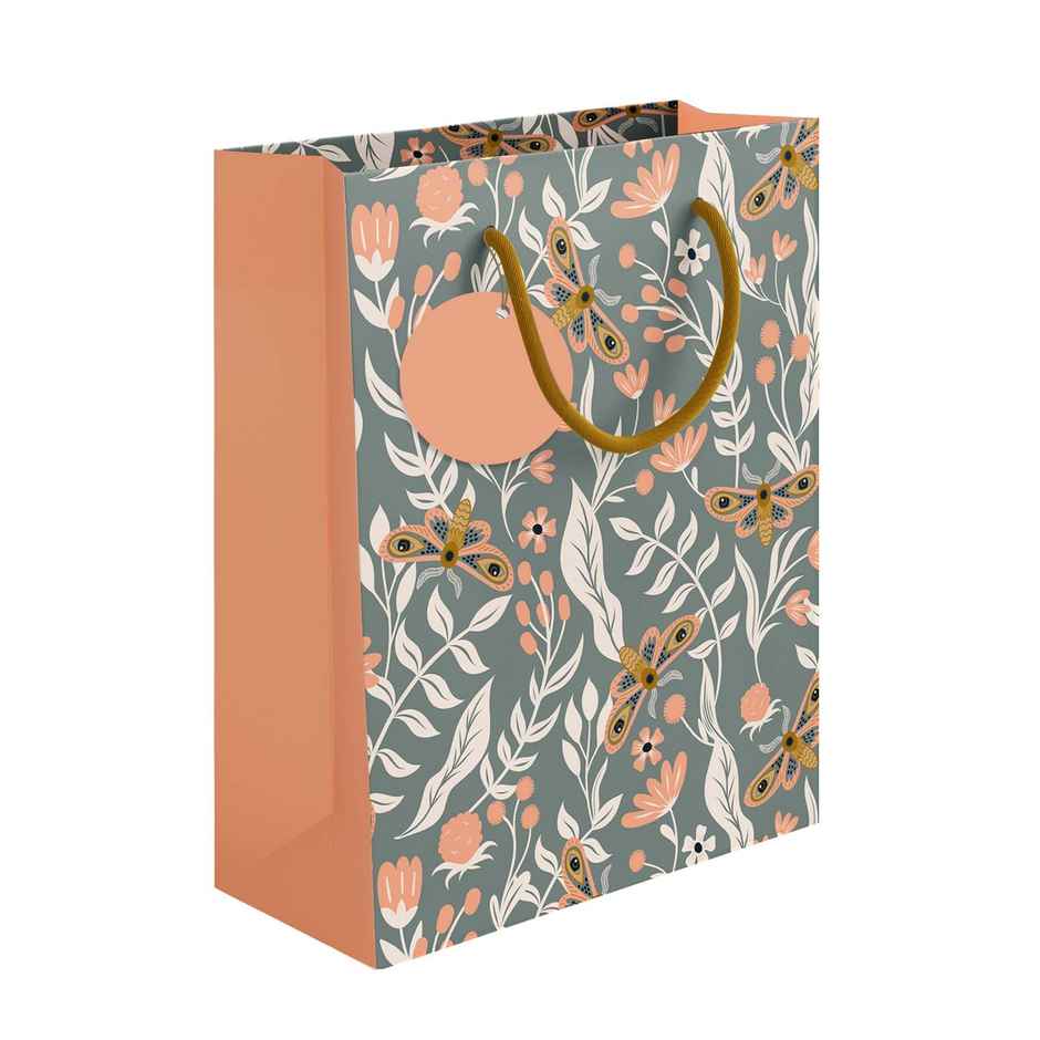 Paperpep Floral & Moth Pattern Print | Gift Paper Bag | Grey | 9 x 7 x 4 in