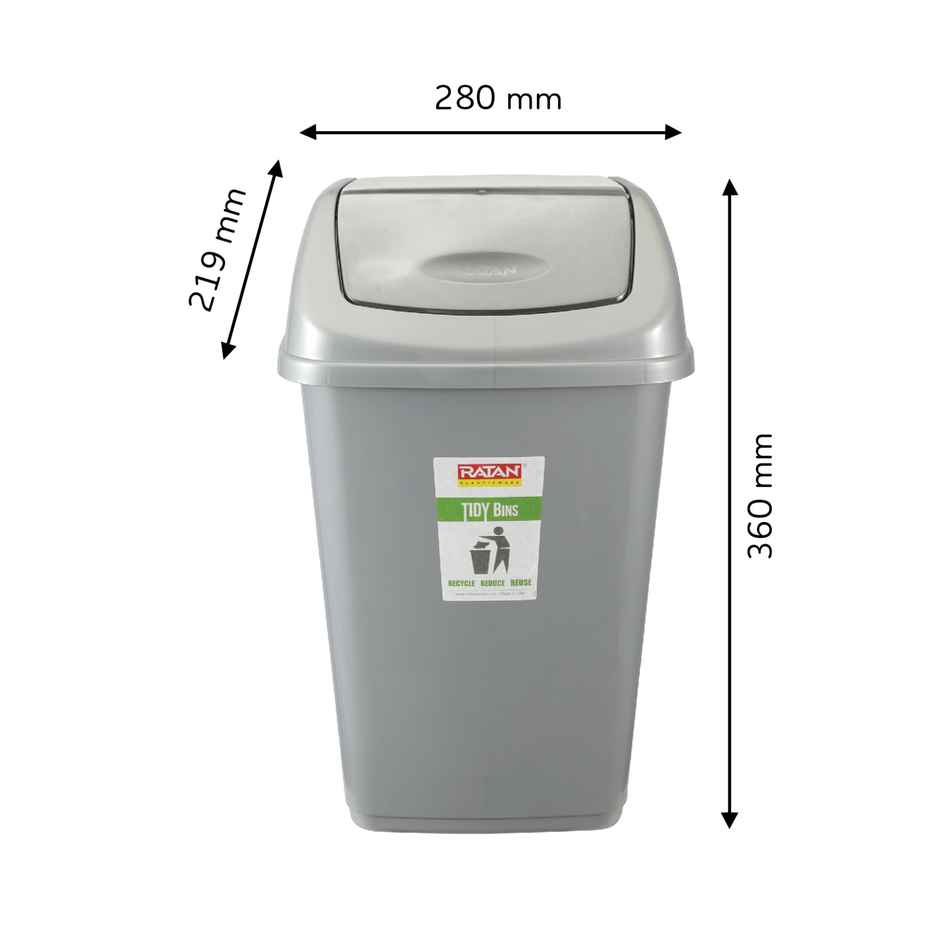 Ratan Plasticware Tidy Bin With Swing Lid 15 Litres Plastic Dustbin- Grey Color