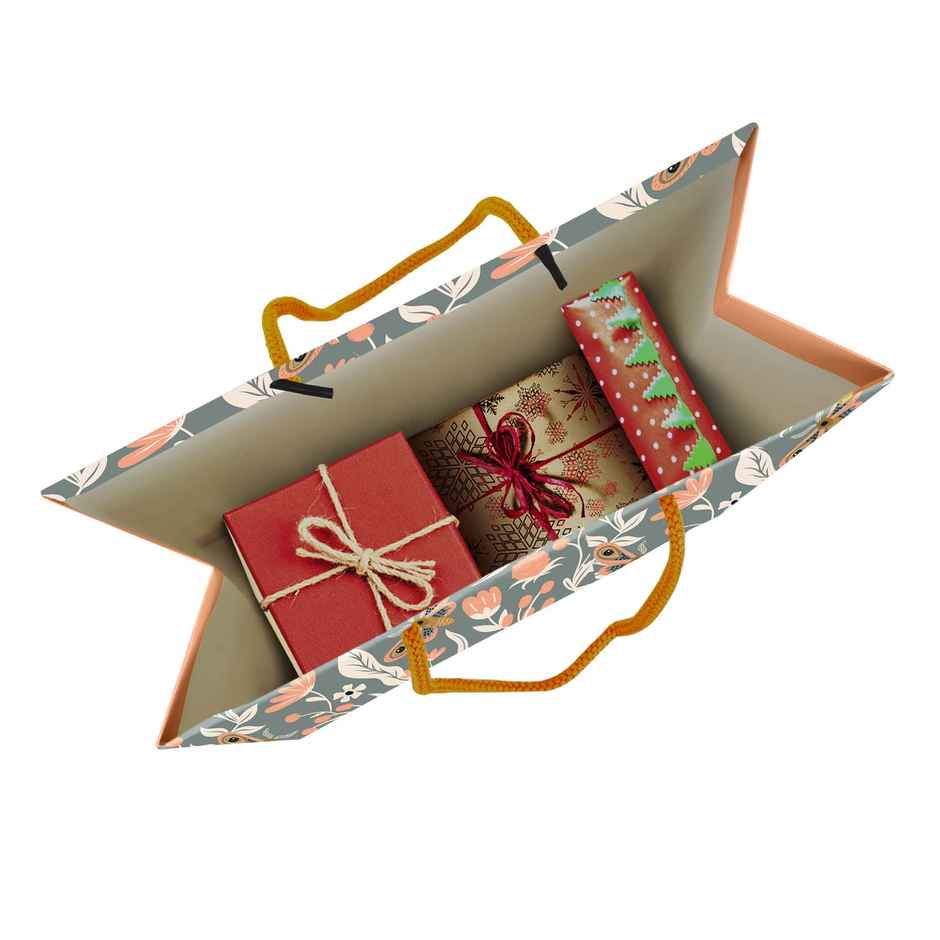 Paperpep Floral & Moth Pattern Print | Gift Paper Bag | Grey | 9 x 7 x 4 in