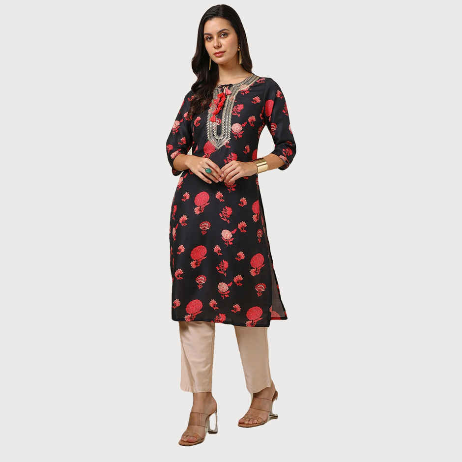 Soch Women's Black Muslin Blend Floral Print Kurta With Sequins | L