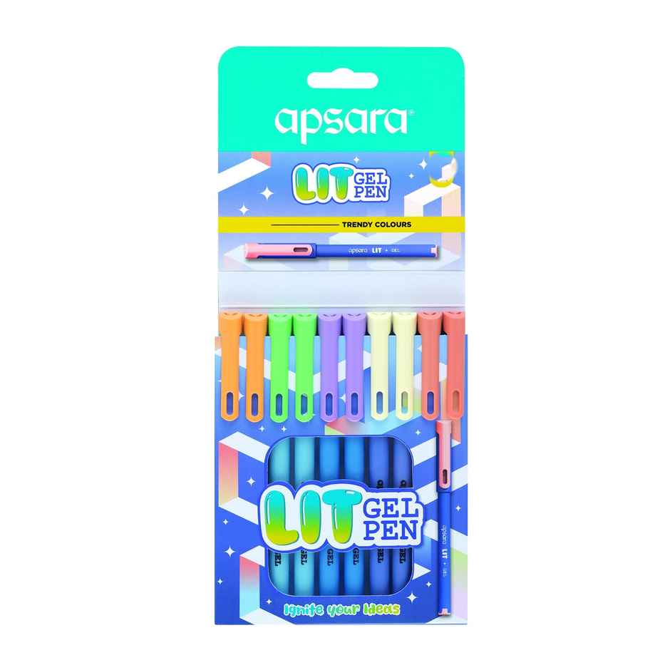 Apsara Lit Gel Pen | Trendy Colours | Waterproof Gel Ink | Smudge Resistant | Blue Pen - 10 Pcs
