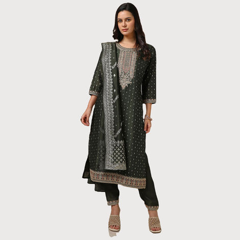 Soch Women's Olive Foil Print Suit Set With Thread Work XL
