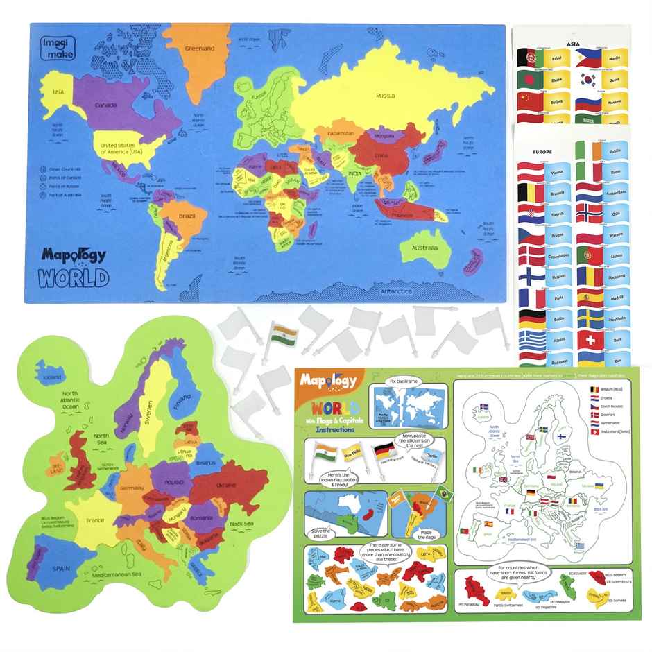 Imagimake Mapology India Map and World Map Puzzle Combo with Capitals and Flags of Country