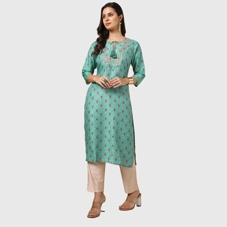 Soch Women's Green Muslin Blend Floral Print Kurta S