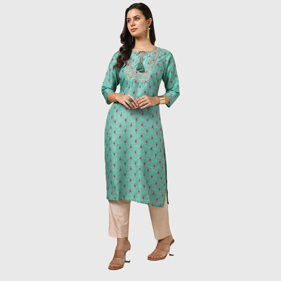 Soch Women's Green Muslin Blend Floral Print Kurta M