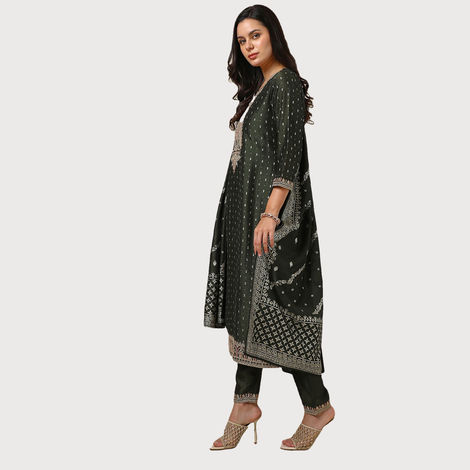 Soch Women's Olive Foil Print Suit Set With Thread Work XL