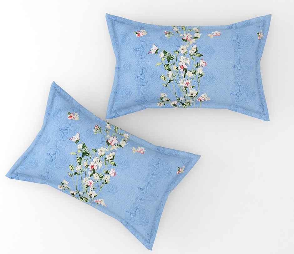 Furnofy Fitted Double 140 Gsm Floral Bedsheet | With 2 Pillow Covers | Blue | 78 x 72 in