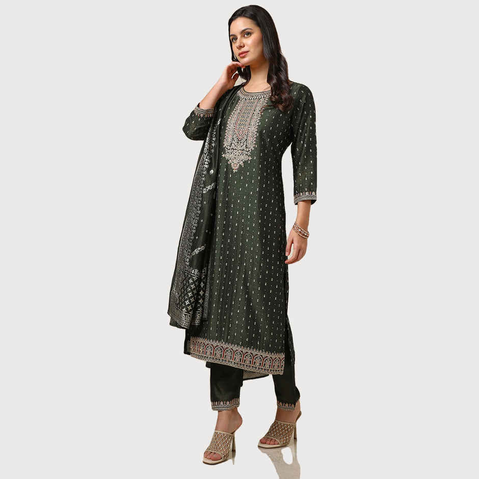 Soch Women's Olive Foil Print Suit Set With Thread Work L