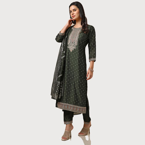 Soch Women's Olive Foil Print Suit Set With Thread Work XL