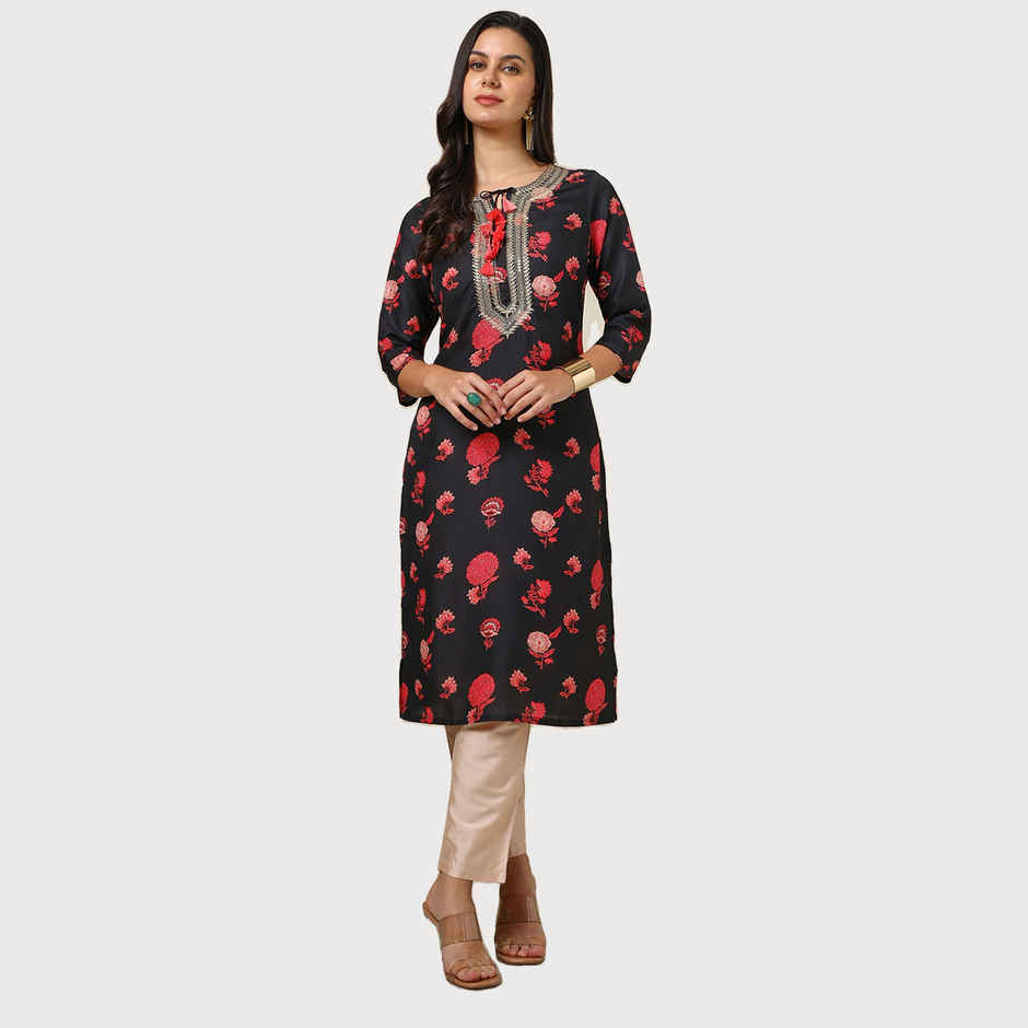 Soch Women's Black Muslin Blend Floral Print Kurta With Sequins | M