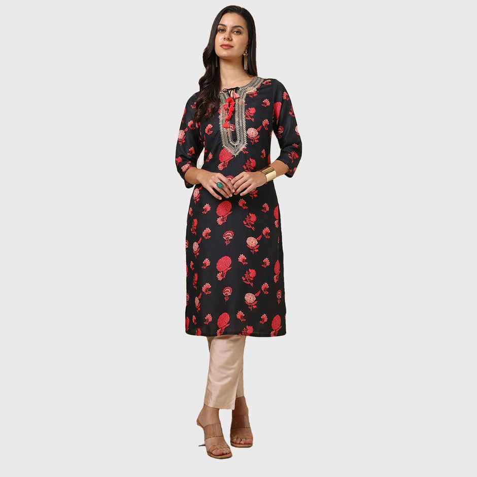 Soch Women's Black Muslin Blend Floral Print Kurta With Sequins | L